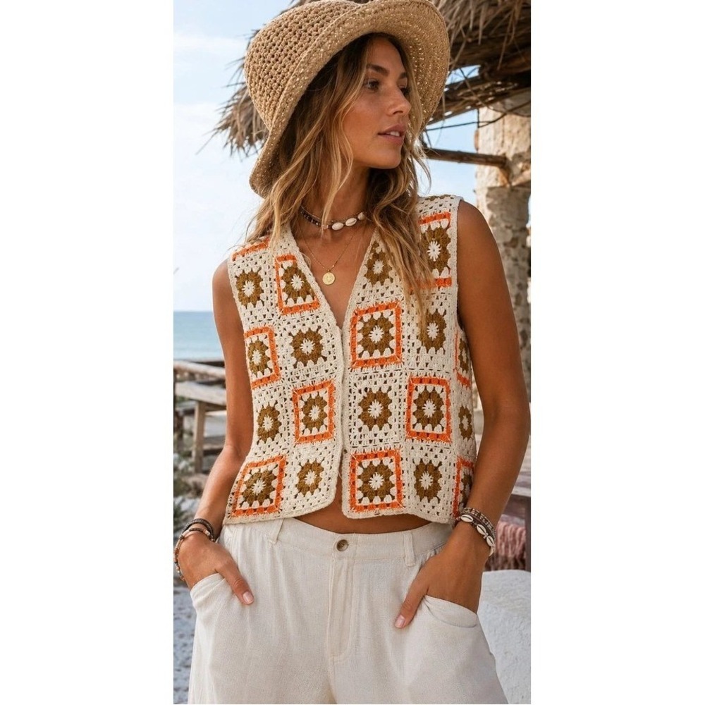 Liv Los Angeles Granny Square Crochet Sleeveless Crop Top Women S Cream Orange